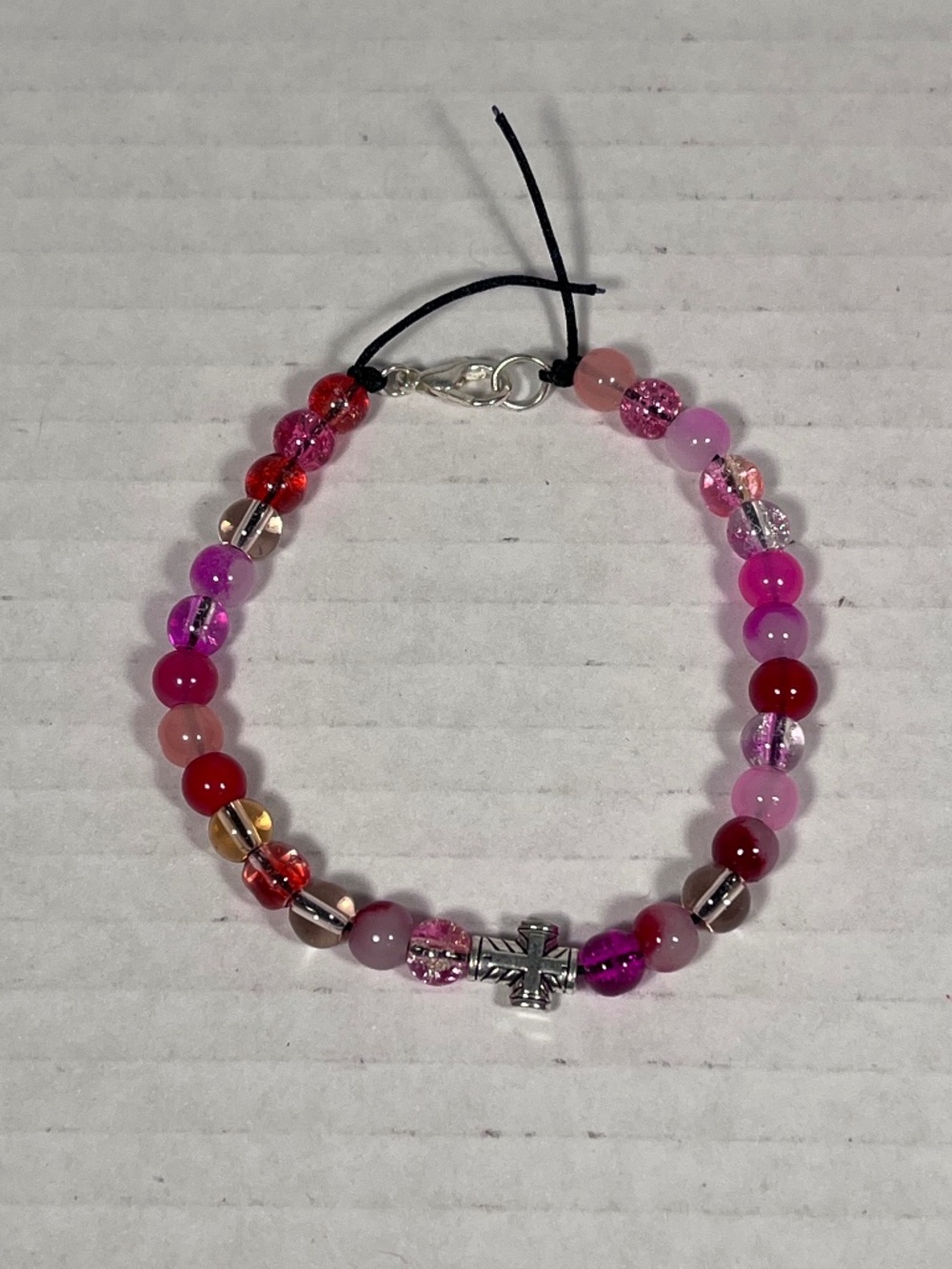Mini Silver Cross Red/Pink Glass Bead Bracelet ~7.50 inches